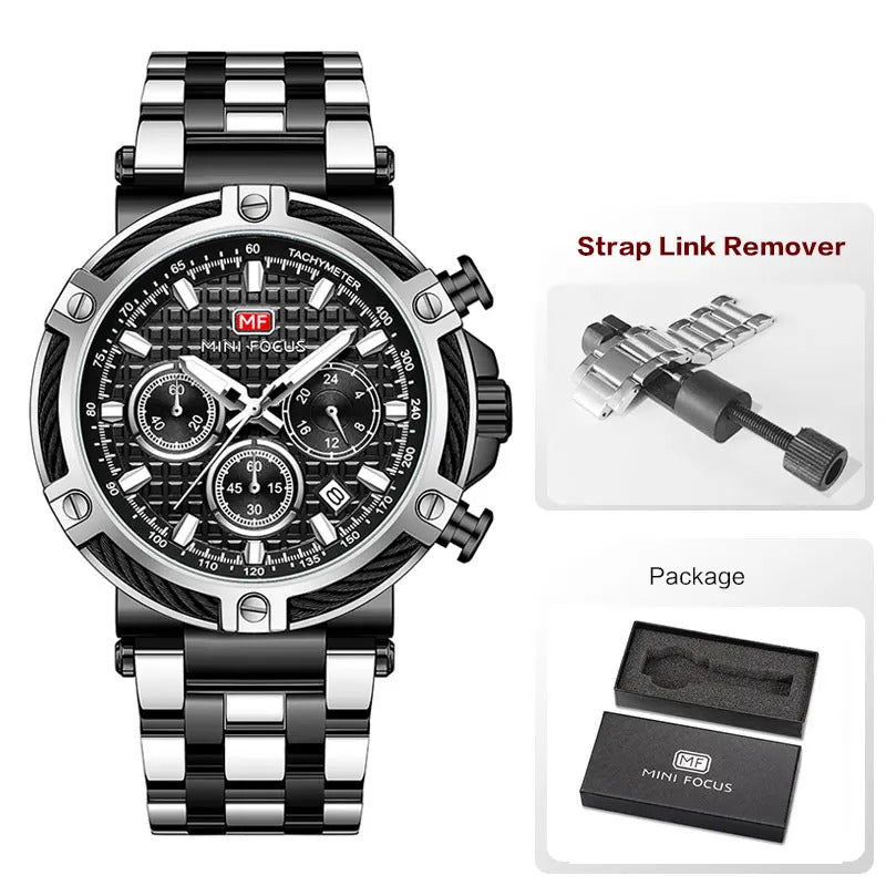 MINI FOCUS Analog Quartz Dress Watch Men Silver Blue Stainless Steel Band Chronograph Luminous Wristwatch with Date 24-hour 0470