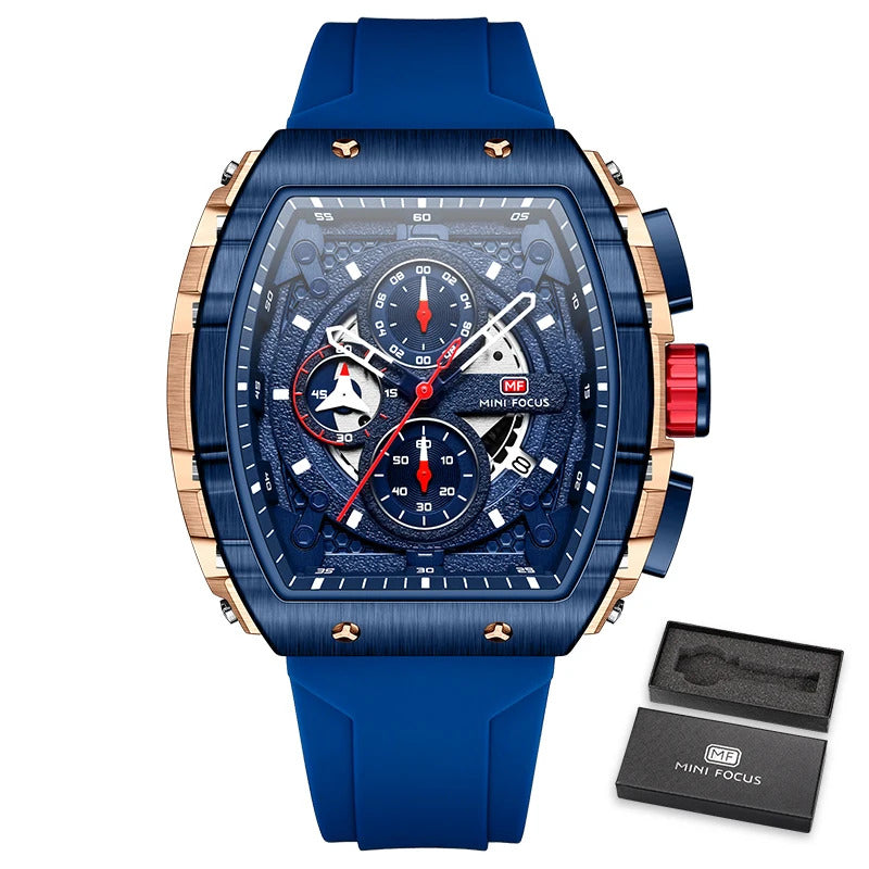 MINI FOCUS Sport Chronograph Quartz Watch for Men Fashion Blue Silicone Strap Tonneau Dial Wristwatch with Date 3atm Waterproof
