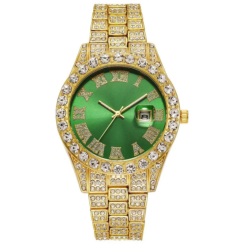 Personalized Hip Hop Watch with Shiny Rhinestones for Men, Luxury Clock, Band Length, Iced Steel Belt, 40mm Diameter Glass Dial