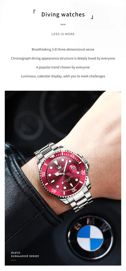 OLEVS 5885 Luxury Men Watch Diving Series Deep Waterproof Auto Date Stainless steel NEW Red Dial Original Wristwatch